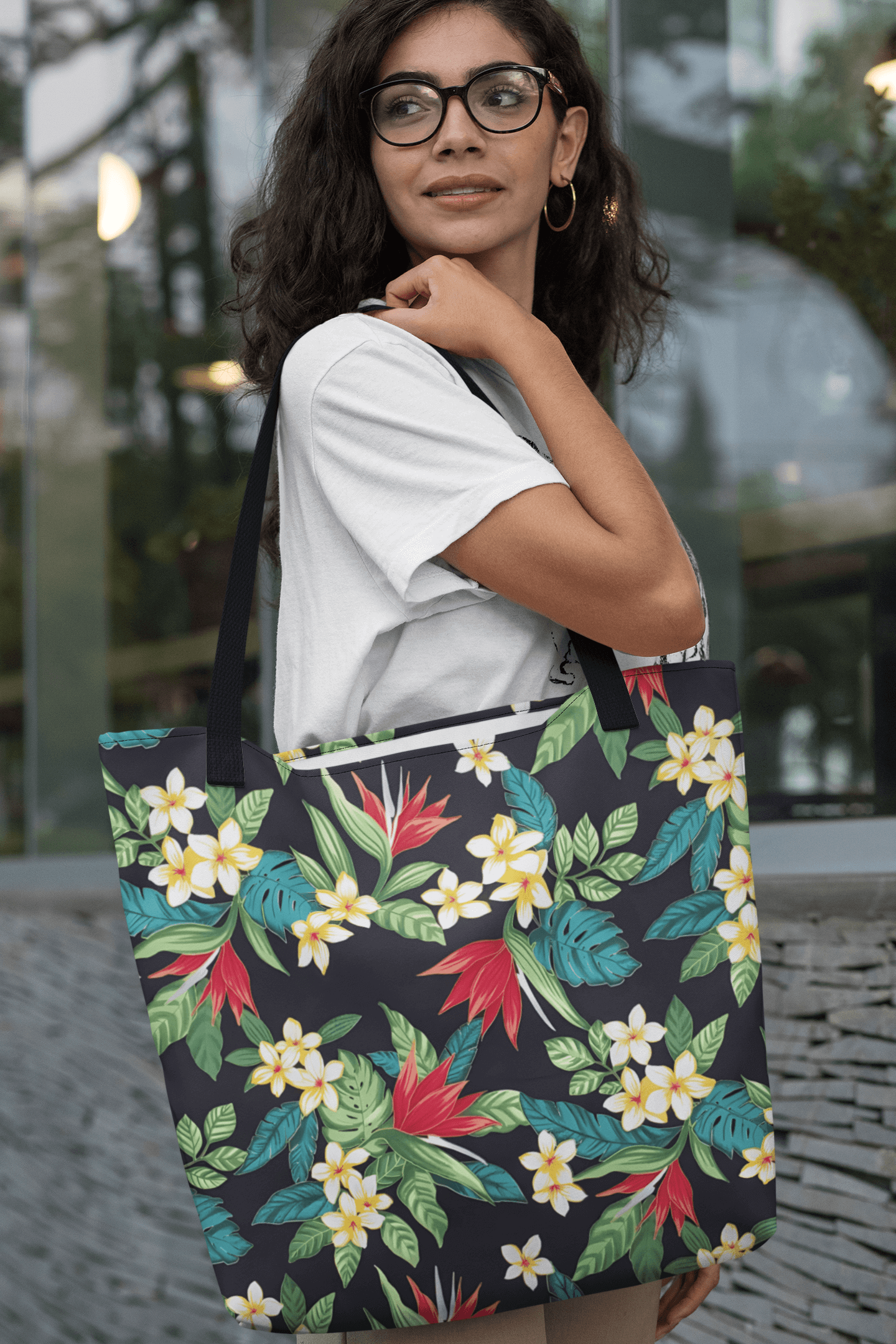 Hawaiian Tropical Floral Print Tote Bag LARGE