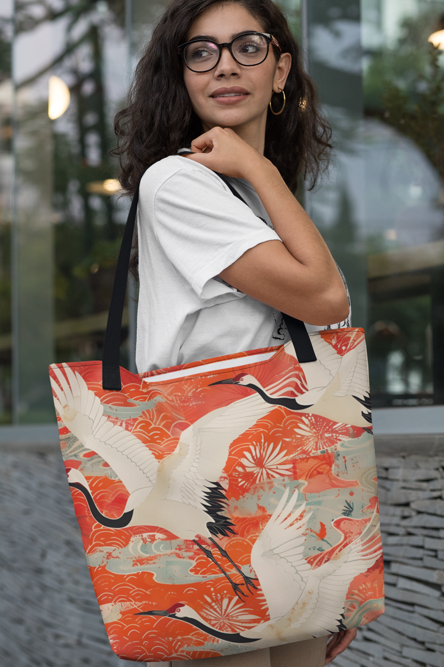 Cranes In Flight Japanese Vintage Print Tote Bag - LARGE