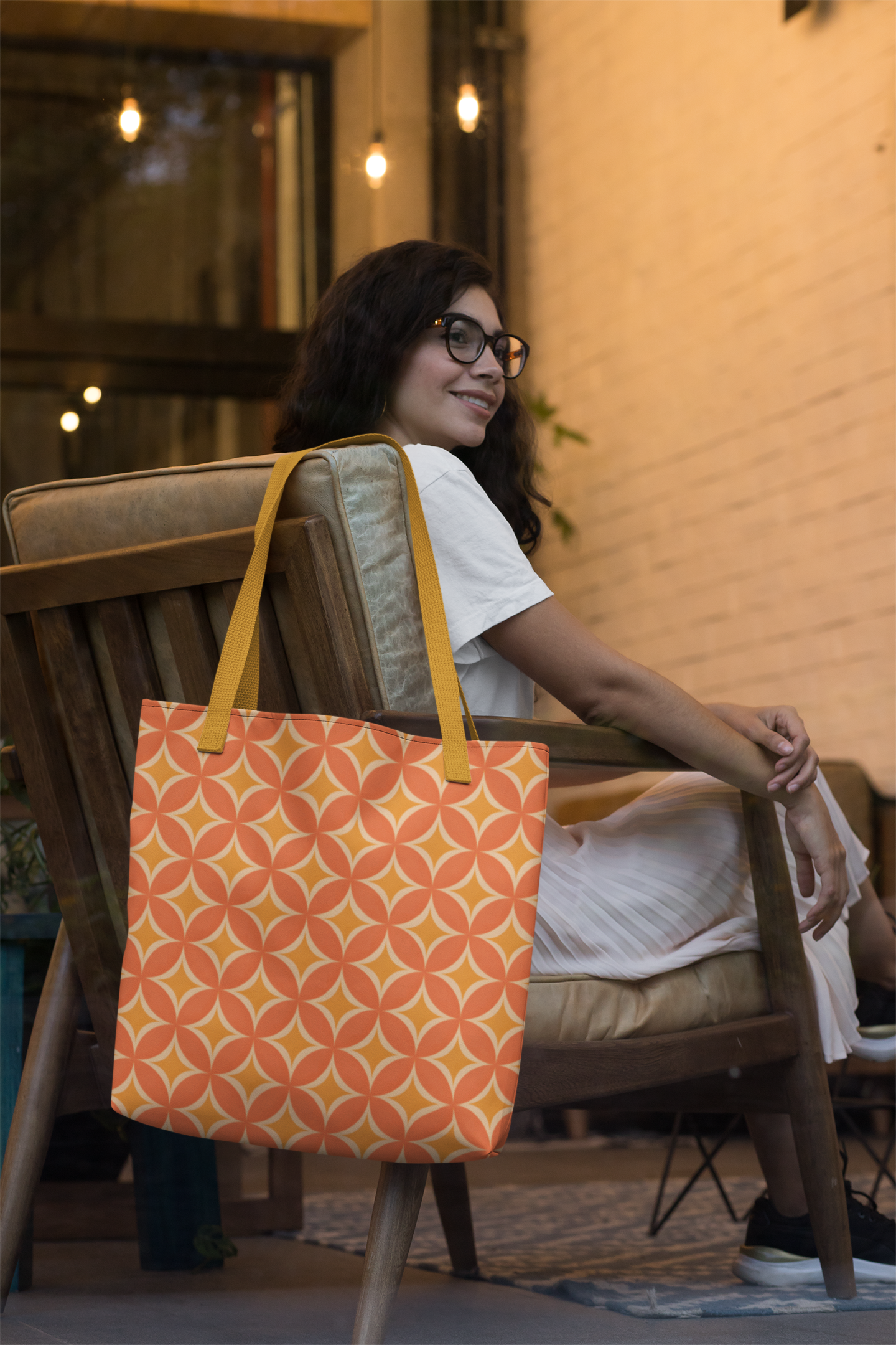 Curious Orange Mid Century Mod Tote Bag LARGE