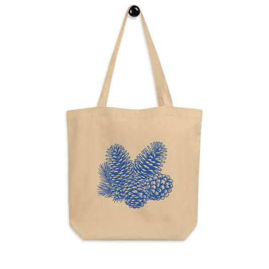 tote bag with print of 4 pine cones drawn in blue line