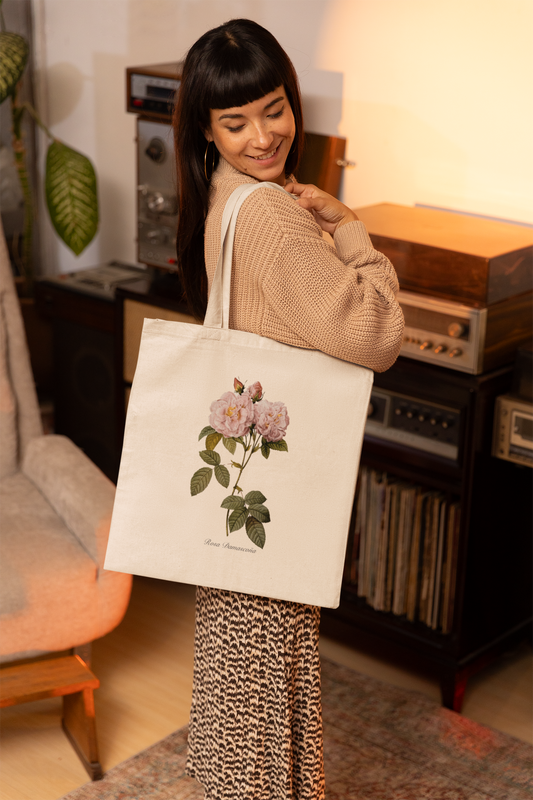 Damask Rose Classic Floral Print Organic Cotton Tote