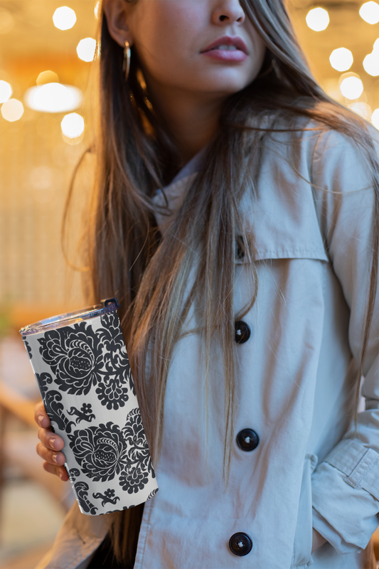 Classic Beauty: Elegant Black and White Floral Tapered stainless steel tumbler