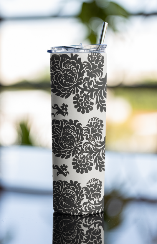 Classic Beauty: Elegant Black and White Floral Stainless steel tumbler